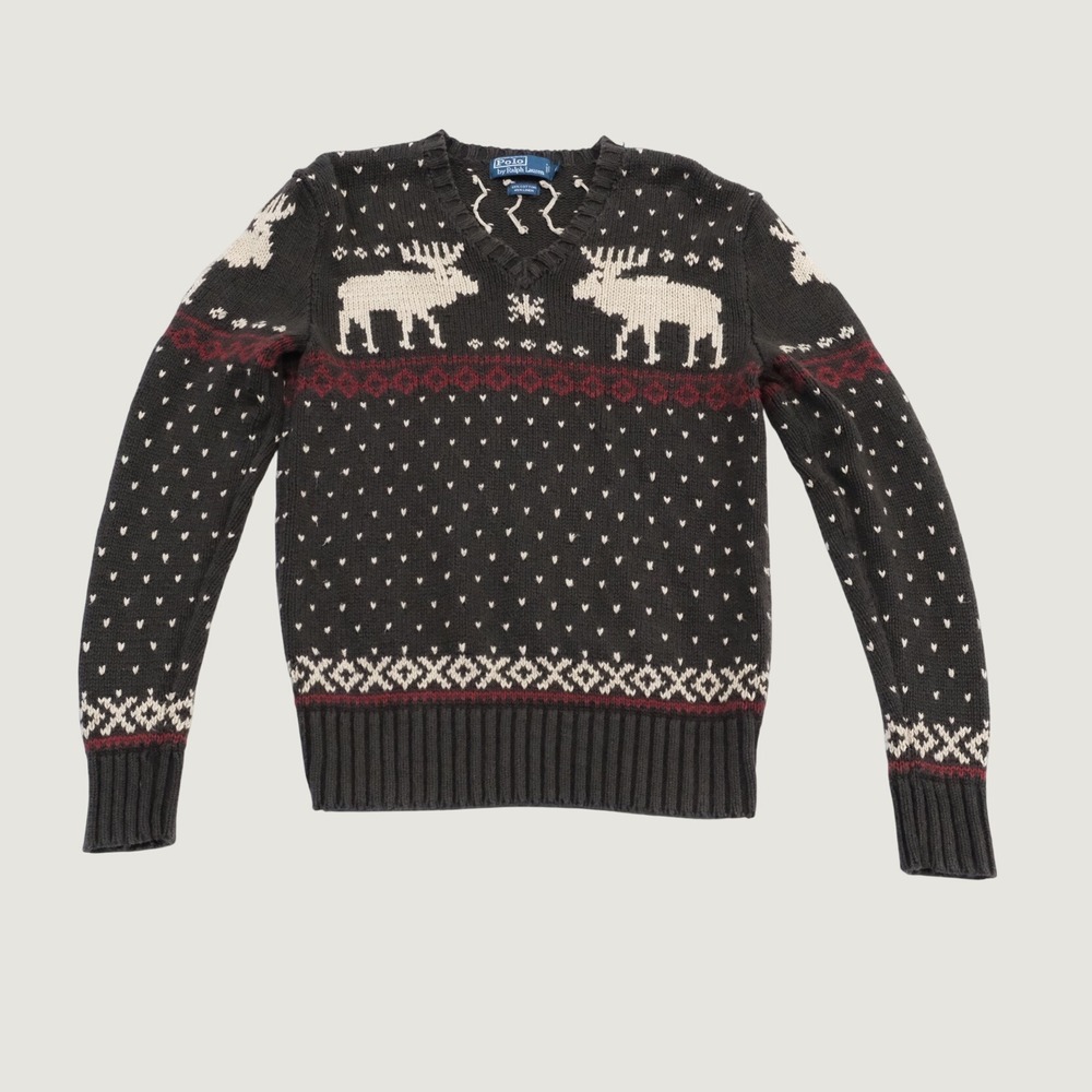 Polo Ralph Lauren Sweater Mens Brown Moose Fair Isle M V-neck Cotton Linen 0058